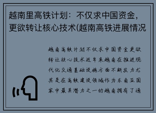 越南里高铁计划：不仅求中国资金，更欲转让核心技术(越南高铁进展情况)